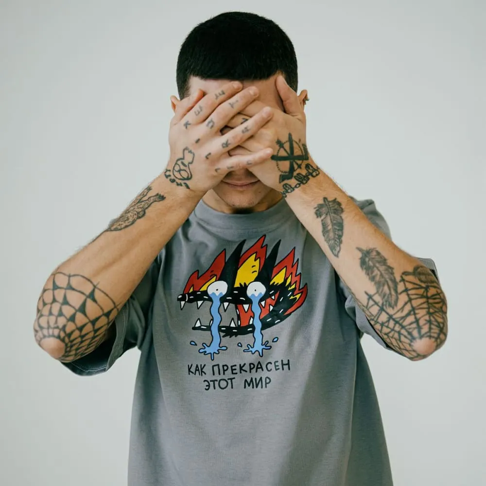 Оверсайз футболка Barking Store Как прекрасен этот мир мужская серая - фото 1