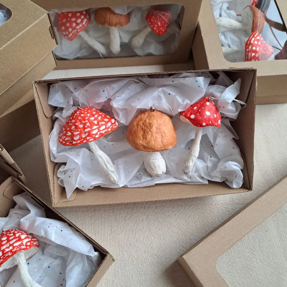 Набор елочных игрушек: мухомор с острой шляпкой, белый гриб, мухомор обычный - фото 5