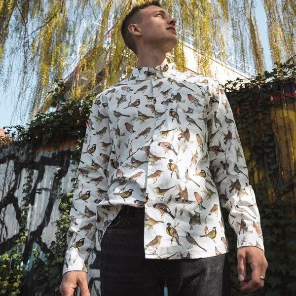 Рубашка Dedicated Varberg Autumn Birds Off-White мужская - фото 4