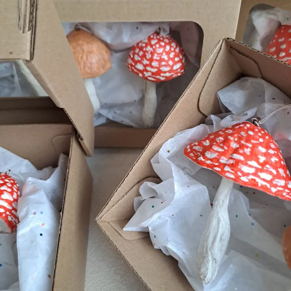 Набор елочных игрушек: мухомор с острой шляпкой, белый гриб, мухомор обычный - фото 4