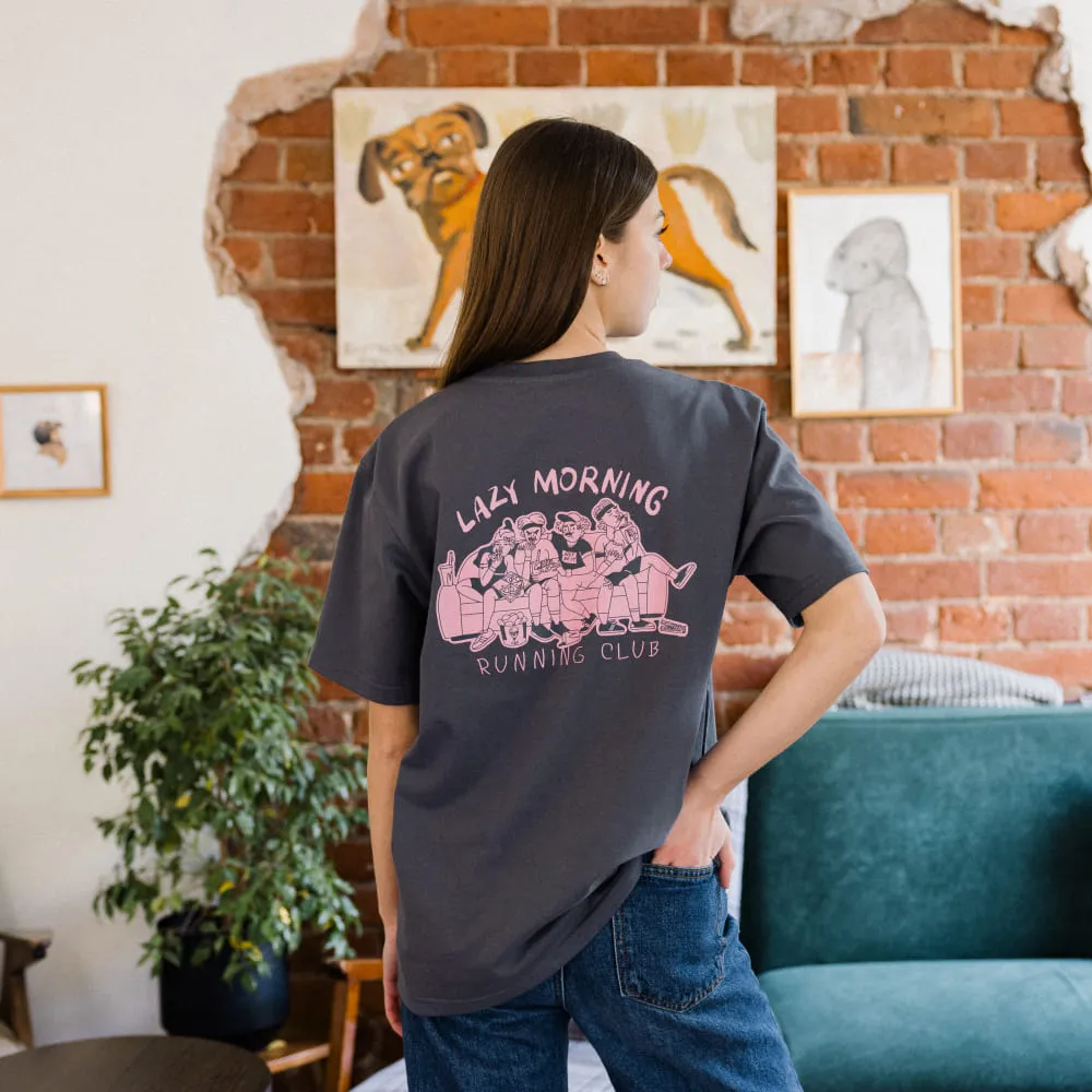 Футболка Friend Function Lazy Morning Running Club серая оверсайз - фото 4