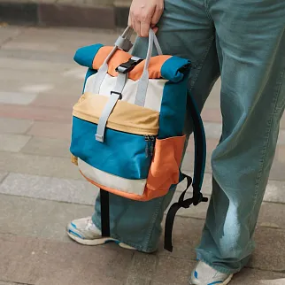 Рюкзак-роллтоп Friend Function серый-карамельный-синий канвас