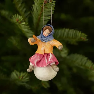 Ватная елочная игрушка - Девочка на снежном коме